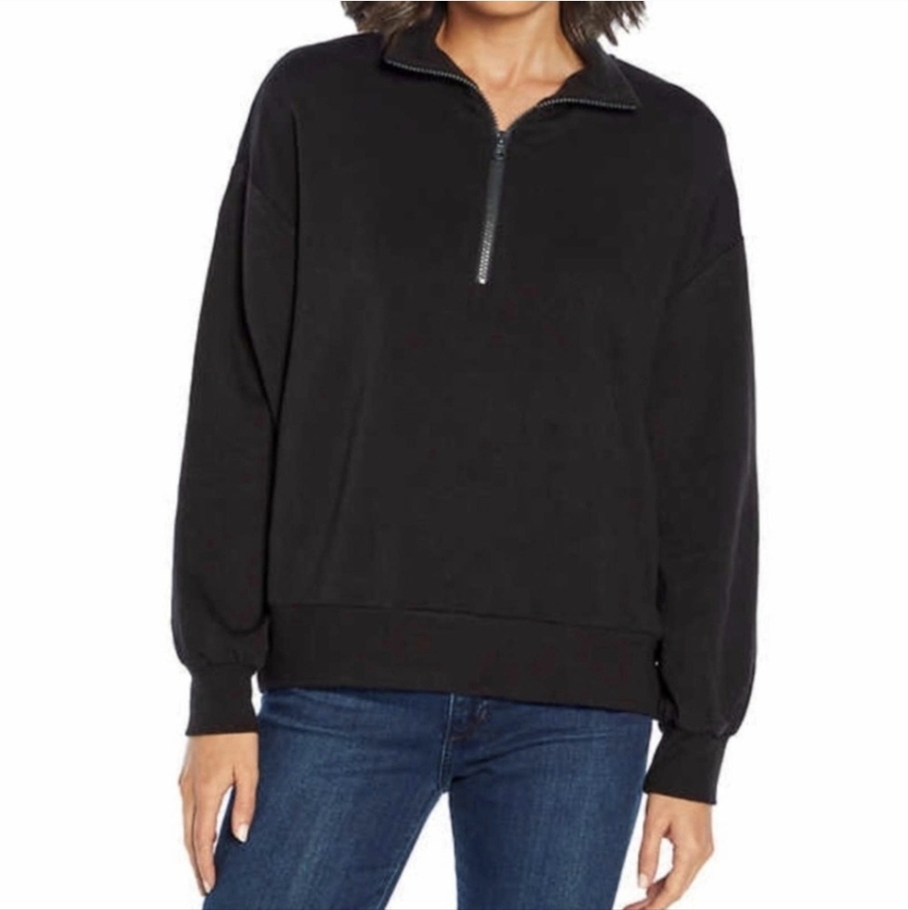 THREE DOTS Half Zip Quarter Zip Pullover Sweatshirt Black Soft Size L NEW NWOT